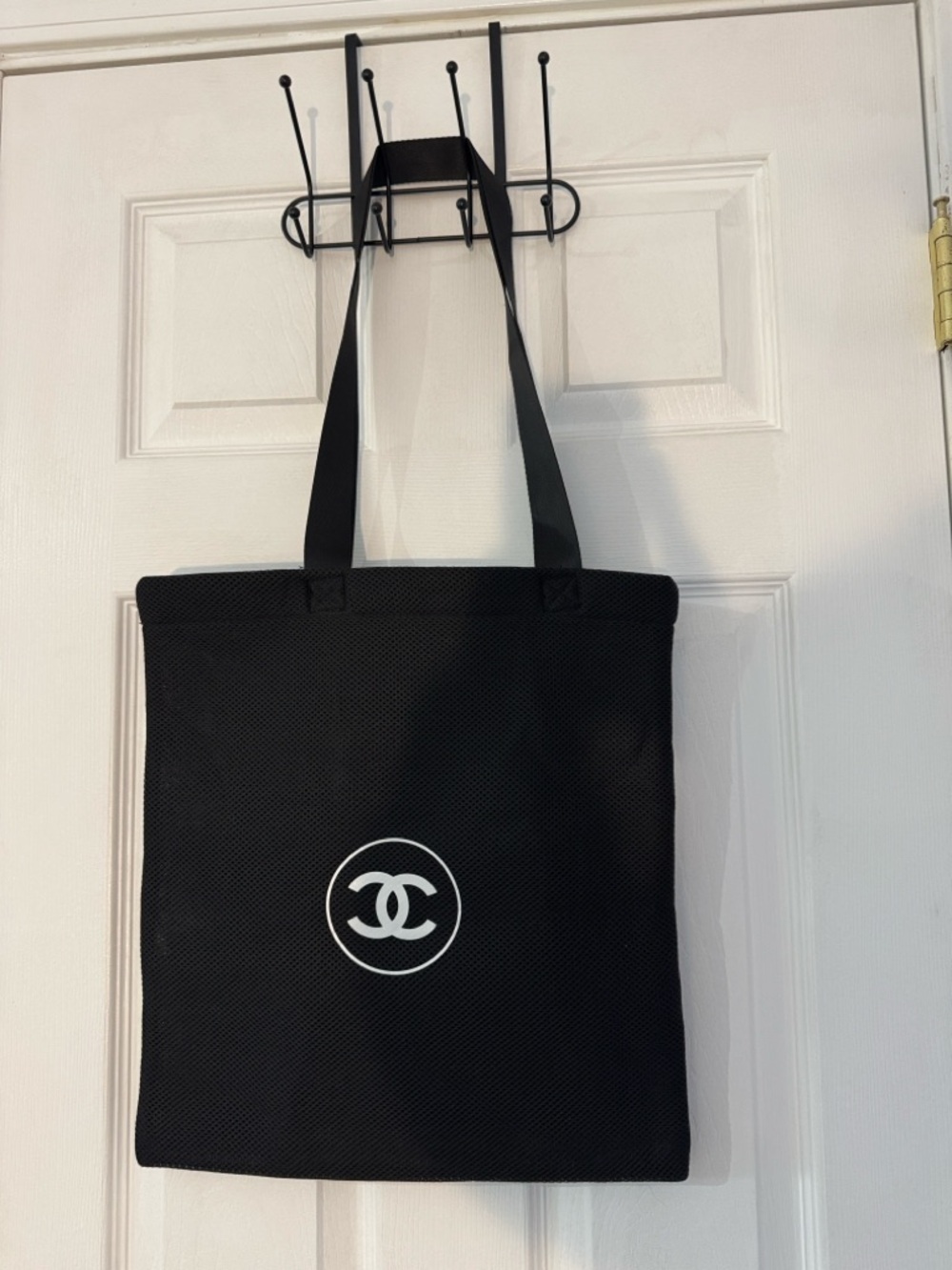 BRAND NEW- CHANEL Black Mesh Logo Tote Bag with White Double C Logo